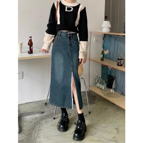 Vintage Washed Jean Skirts Women High Waist Stretch Slit Ruffle Trumpet Female 2021 New Sexy Fitness Tight Skirt