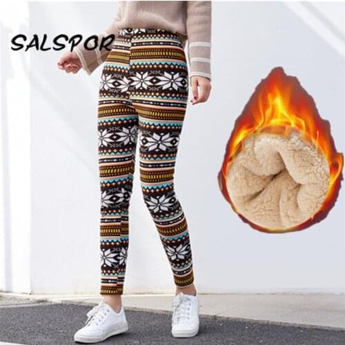 SALSPOR 3XL Print Plus Velvet Leggings Women Keep Warm Autumn Winter Thickening Lamb Wool Legging High Waist Large Size Skinny
