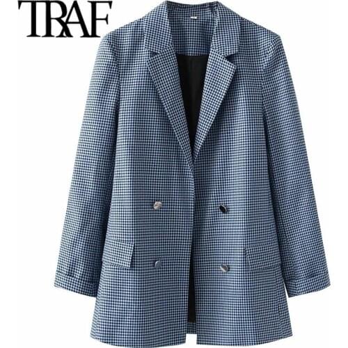 ZHENBAILI Za Woman Tra Autumn Blue Houndstooth Blazers Roll-up Wrist Sleeve Double Breasted Casual Suit Jacket Office Coats