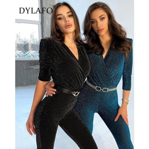 2021 New Black Sparkly Glitter Shoulder Pads Jumpsuit Women Spring V-Neck Bodycon Rompers Elegant Ladies Slim Partywear Overalls