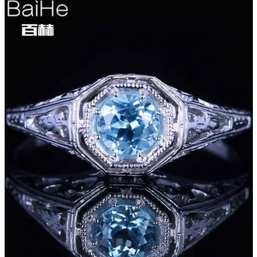 BAIHE Solid 14K White Gold 0.92CT Genuine Sky Blue Topaz Wedding Gift Women Trendy Fine Jewely Blue Topaz Ring