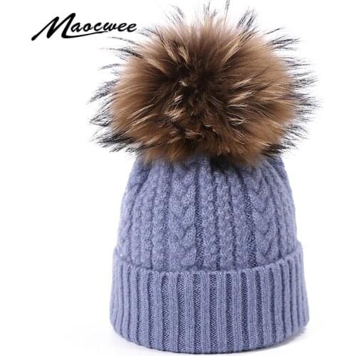 Winter Wool Knit Hat With Real Fur Pompon Women Warm Cotton Hat Outdoor Thick Casual Solid Color Ladies Cap Skullies Beanies
