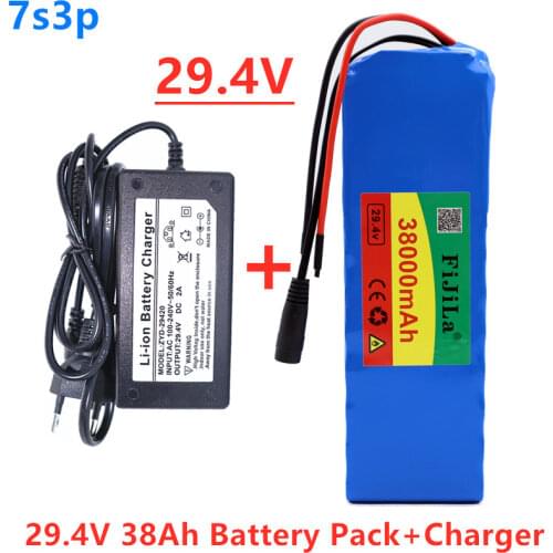 100% New 7S3P 29.4V 38Ah Li-ion Battery Pack with 20A Balanced BMS for Electric Bicycle Scooter Power Wheelchair +2A Charger