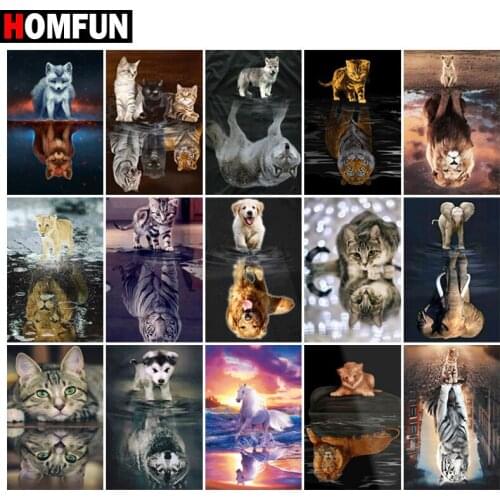 HOMFUN Diamond Painting Full Square/Round Diamond "Animal cat dog lion" Pattern Embroidery Cross Stitch 5D Rhinestone Painting