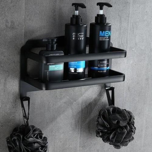 Punch-free black space aluminum bathroom kitchen shelf European matte black rectangular basket single-layer bathroom cosmetics