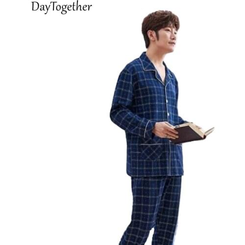 Men Pants Pajamas Nightwear Cotton Long Sleeve Pajamas Set With Pocket Cotton Sleepwear Suit Man
