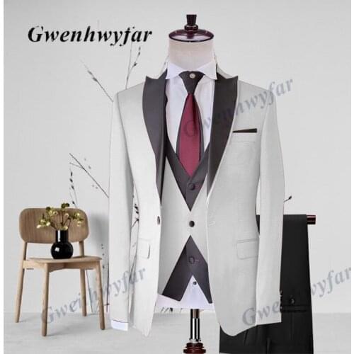Gwenhwyfar Formal Men Suits White 2021 Slim Fit Black Lapel Groom Suit Mens Tuxedo Blazer Vest Pants Wedding/Prom Suits 3 Pieces