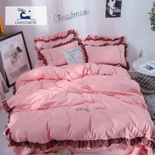 Liv-Esthete Luxury Beauty Pink 100% Cotton Bedding Set Lace Printed High Quality Duvet Cover Flat Sheet Queen King Girl Gift
