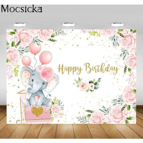 Mocsicka Pink Elephant Happy Birthday Background for Photography Flower Gold Glitters Customize Poster Photocall Backdrop Banner
