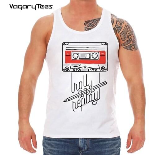 Fashion Cool Tops Hipster the cassette tape Printed Summer Tank top Mens Funny Roll and Replay letters Vest Male