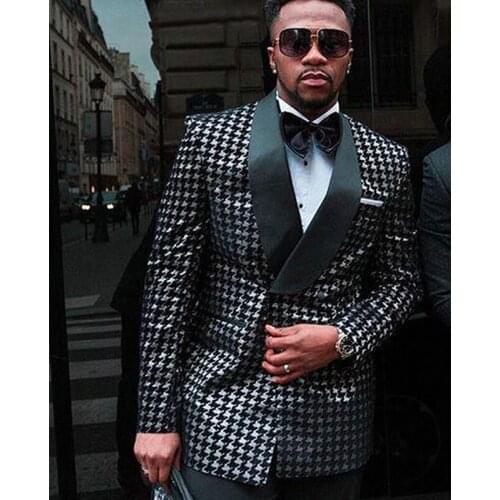 Double Breasted Checkered Suits for Men Houndstooth Slim Fit Wedding Tuxedo for Groom 2 Piece Jacket with Black Pants