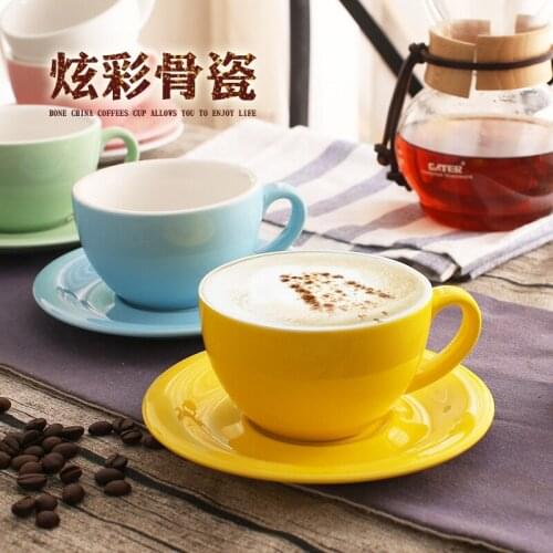 200ml Macaron Wide Mouth Cappuccino Coffee Cup With Saucer European Thick Colored Glaze Ceramic Espresso Coffee Cup Sets