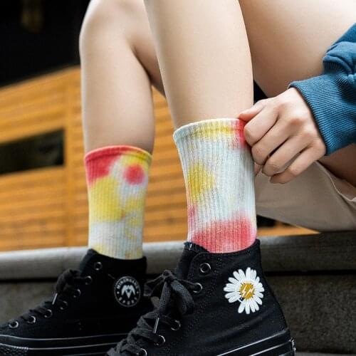 Multi color tie dyed medium tube socks Street trend high top fashion socks mens and womens cotton socks