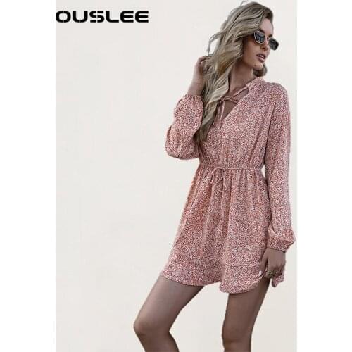 OUSLEE 2021 Spring Sexy V Neck Floral Print Mini Dress Women Elegant Loose A-Line Vintage Dresses Autumn Long Sleeve Party Dress