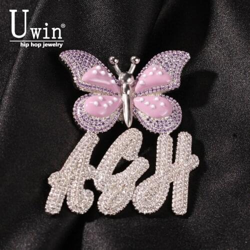 Uwin Name Necklace Brush Letters With Butterfly Custom Initial Pendant Iced Out Personalised Necklace Gift Drop Shipping