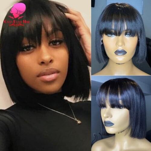 Short Blunt Cut Wig Cheap Bob Straight Human Hair Wig Brazillian Remy Black Color Wig for Women Hair Bang with Baby Hair ON SALE