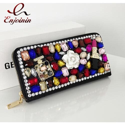 Luxury diamond letter color crystal red lip pearl pu leather ladies zipper Around Wallet long purse card holder coin bag female