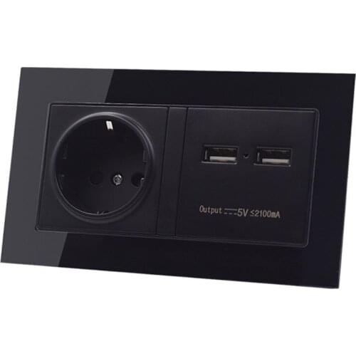 Wall Socket EU Standard Power Outlet With Dual USB Smart Charger Port German Type Wall Crystal Glass Panel Power Socket Outlet
