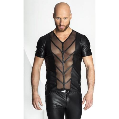 Sexy Mens Plus SZ S-2xl Pvc Faux Leather Stage Costumes See-through T-shirts Black Short Sleeve
