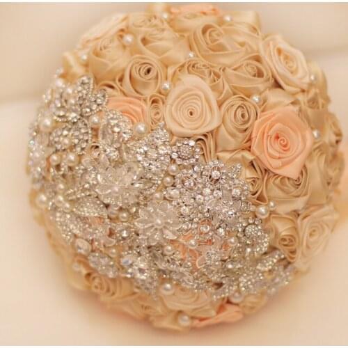 Champagne rose brooch bouquet Silk Bride Bridal Wedding Bouquet Bridesmaid Golden & Coral Ribbon Flower Customizable bouquets