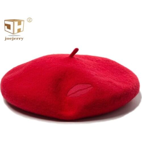 Joejerry Wool Red Beret Women Cute Lolita Beret Korean Embroidery Hat Cap Girl 2018 Winter High Quality