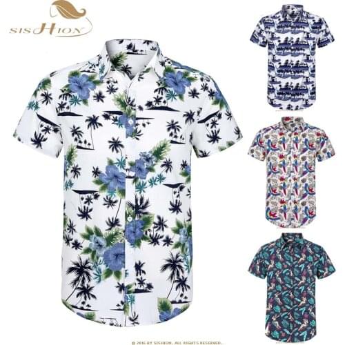 SISHION Cotton Hawaiian Shirt Short Sleeve Coconut Tree Floral Print Summer Beach Casual Men Shirt MS0006 Plus Size Hawaii Shirt