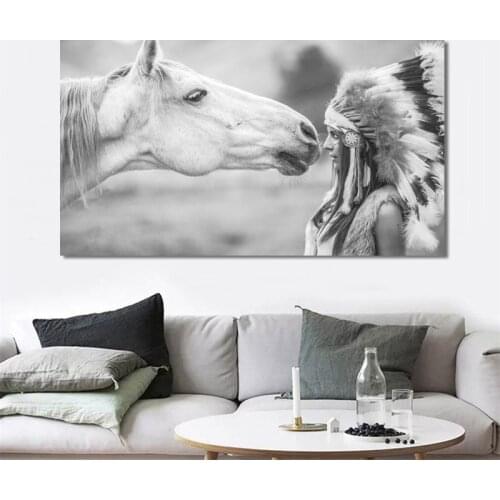 Modern Canvas Wall Art Pictures Indian Girl with Horse Posters and Prints Canvas Painting for Living Room Home Decor Unframed