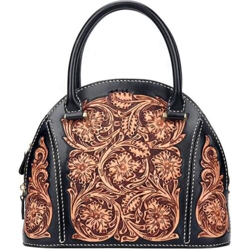 Handmade Genuine Leather Carving Tote Bag Luxury Handbags Women Bags Designer 2021 New Retro Cowhide Shell Bag Bolsa Feminina