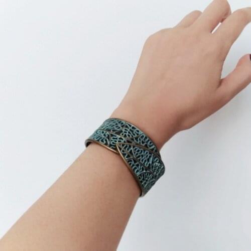 Vintage Classical Style Bronze Craft Bangle Wide Big Leaf Cuff Bracelet