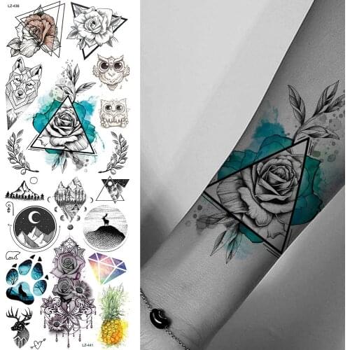 GoldOcean Flash Triangle Rose Flower Waterproof Fake Tattoos Stickers Black Fox Leaf Tatto Temporary Women Girl Arm Waist Tattoo