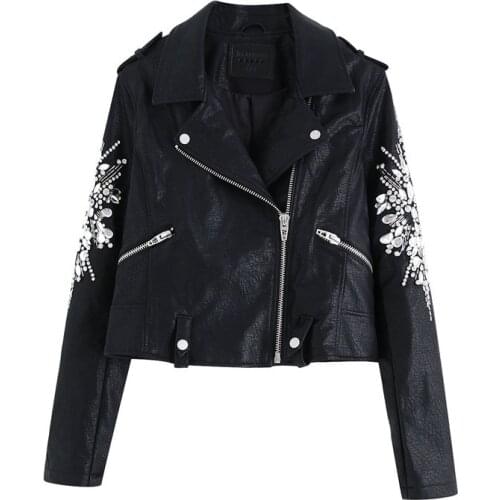 High Quality Women PU Leather Jacket Autumn 2021 New Fashion Shiny Crystal Beading Coat Short Top Modern Lady Black Outwear