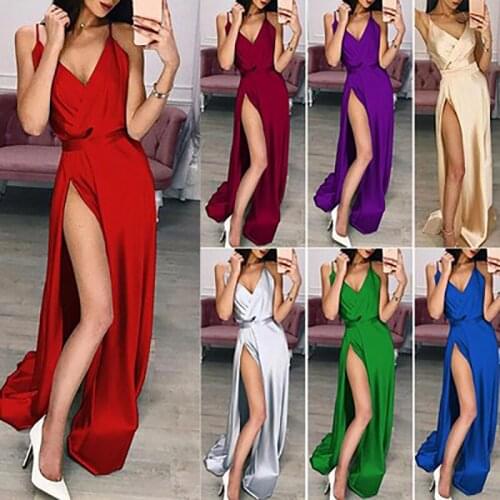 Women Long Satin Prom Party Dress High Split Floor Length Evening Dresses Sexy V Neck Spaghetti Strap Gowns Dress
