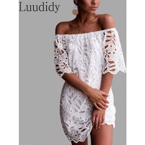 Off Shoulder Hollow Lace Mini Dress Women Elegant Solid Color Half Sleeve A-Line Dress