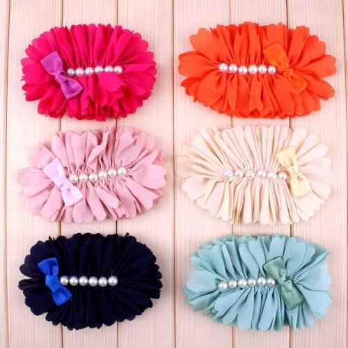 120pcs/lot 7 Colors Hair Clips Chiffon Flower With Six Pearl And Mini Satin Bow Headband Accessories Flower For Headband DIY