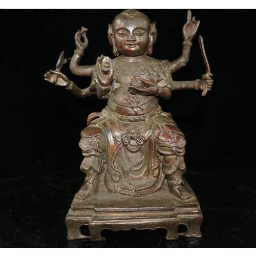 13" Tibet Buddhism Old Bronze Cinnabars Lacquer Nezha statue with three heads and six arms Boy Red boy Enshrine the Buddha