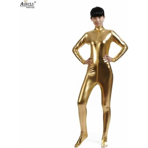 Ainclu Fullbody Gold Metallic Zentai for Hallween Shiny Spandex Spandex Long Sleeve Bodysuit Second Skin Full Body Tights
