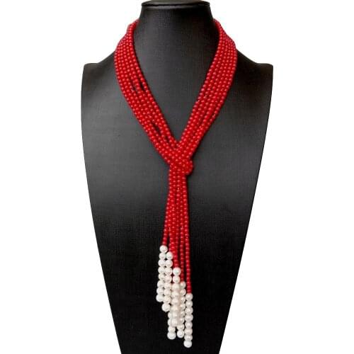 YYGEM 3 Strands 4mm Round Red Coral Cultured White Pearl Lariat Long sweater chain Necklace 50"