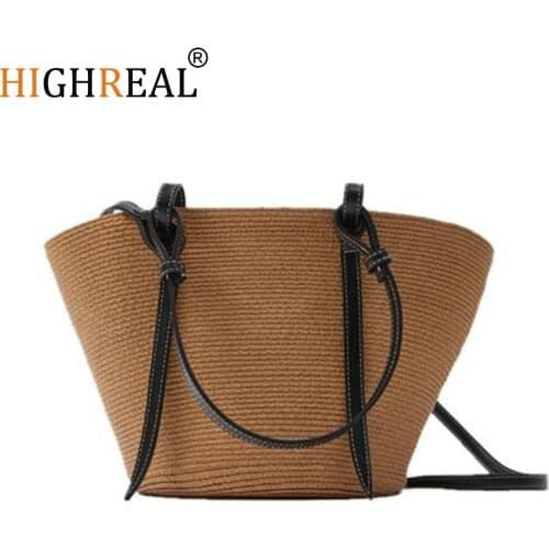 HIGHREAL Fashion Women Straw Bags Hand-woven Handbag Popular Large Oval Straw Bag New Ladies Solid Color Beach Bag