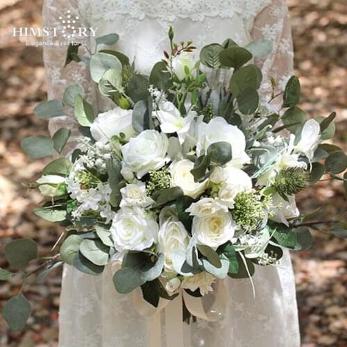 HIMSTORY Elegant Boho Wedding Bouquet White Roses Flowers Artificial Silk Floral Bridal Bridesmaid Wedding Accessories
