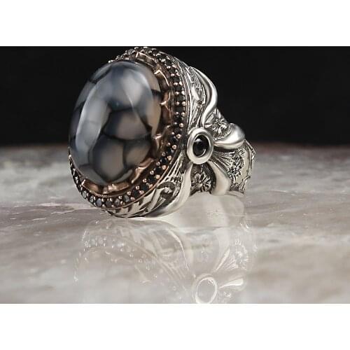 Striped Agate Stone Silver Men 'S Ring