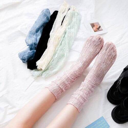 Summer Thin Flower Lace Breathable Fairy Socks Elegant Female Transparent Mesh Long Tulle Sock