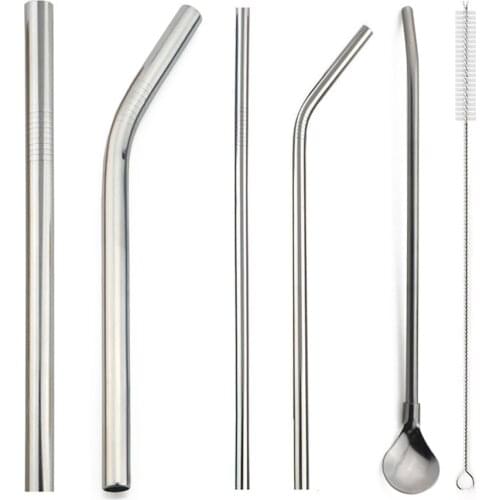 5pcs Metal Straw Set Width Silver Reusable Straw Spoon 304 Stainless Steel Drinking Straws For Smoothies Tapioca Pearls Milk Tea
