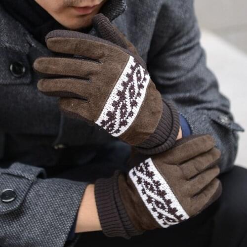 Outdoor touch screen plus velvet padded gloves Mens pigskin knitted gloves Winter riding warm and windproof gloves