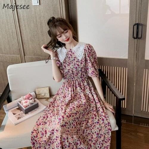 Dress Women Sweet Peter Pan Collar Floral Pleated Summer New Fashion Lace Female Short Sleeve Elegant Vestidos Korean Style Ins