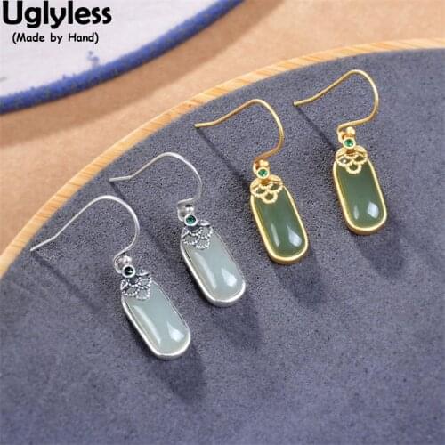 Uglyless Simple Rectangle Earrings for Women 100% Genuine Solid 925 Silver Earrings Natural Jade Gemstones Earrings Geometric