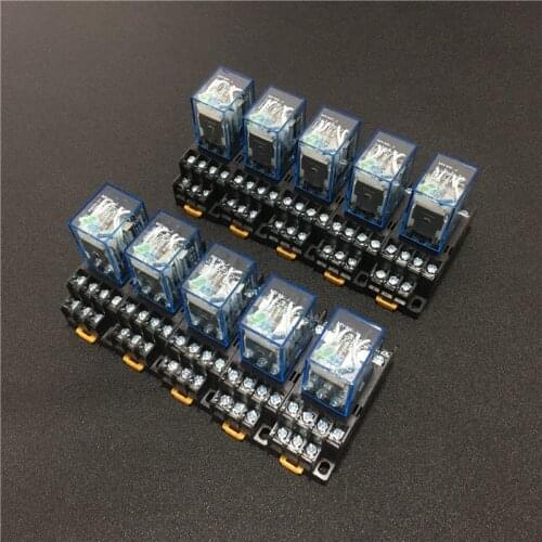 10 sets MY4NJ HH54P DC 12V 24V 110V 220V AC Coil Power Relay General Purpose Mini Relays 14 Pins 5A with PYF14A Socket Base