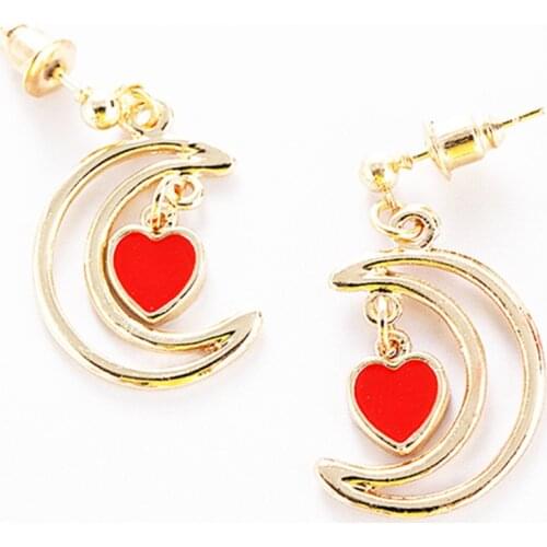 Korean Fashion Red Love Heart Dripping Earrings, All-Match Simple Alloy Moon Earrings Womens Jewelry