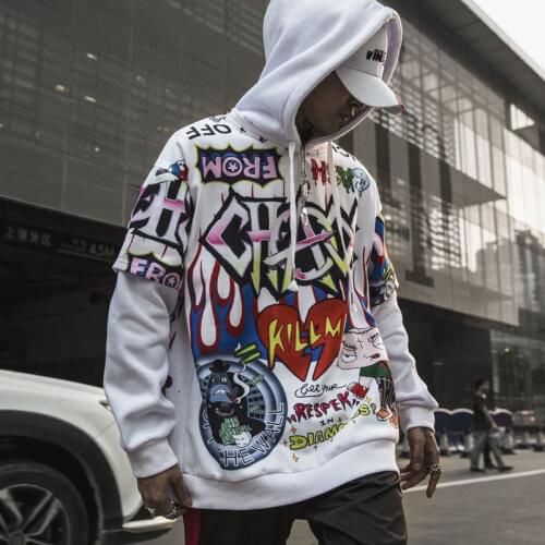 Street Hip Hop Graffiti Cartoon Print Hoodies Fake Two Piece Cotton Tops Men and Women Fashion Loose Hooded Sweatshirts Pullover