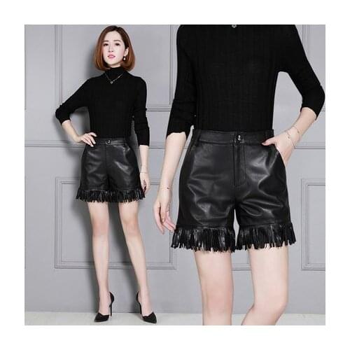 Top brand Tassel 2020 High-waisted Shorts Wide-leg Lambskin Shorts KS42 high quality
