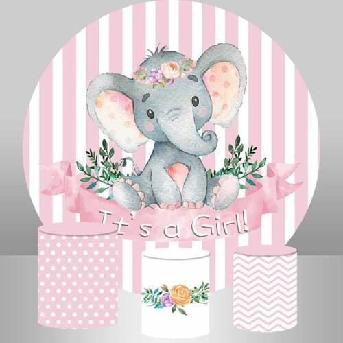Its a Girl Birthday Party Decoration Candy Table Cover Pink and White Stripes Baby Shower Elephant Circle Round Backdrop